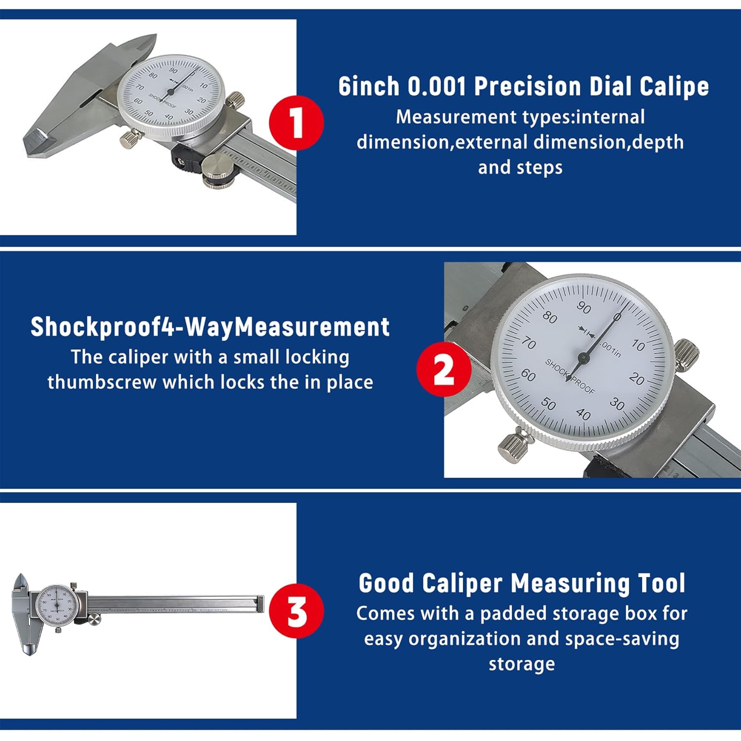 6 Inch 0.001 Precision Dial Caliper Stainless Steel Shockproof 4-Way Measurement with Plastic Case, Good Caliper Measuring Tool