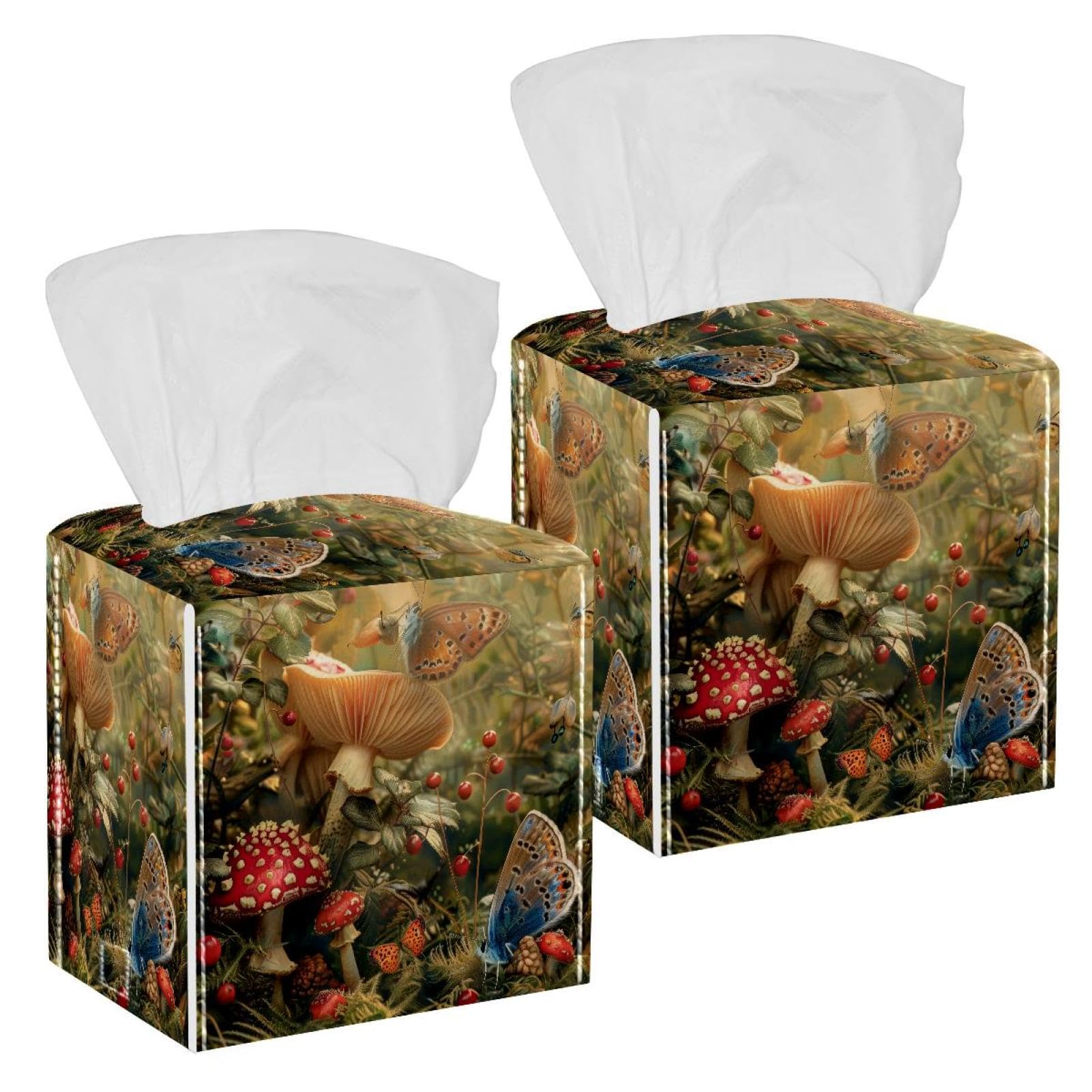 Mushrooms Berries Butterfly Tissue Box Cover, 2 Pack PU Leather Square Facial Tissue Dispenser Box holder for Home Office Car