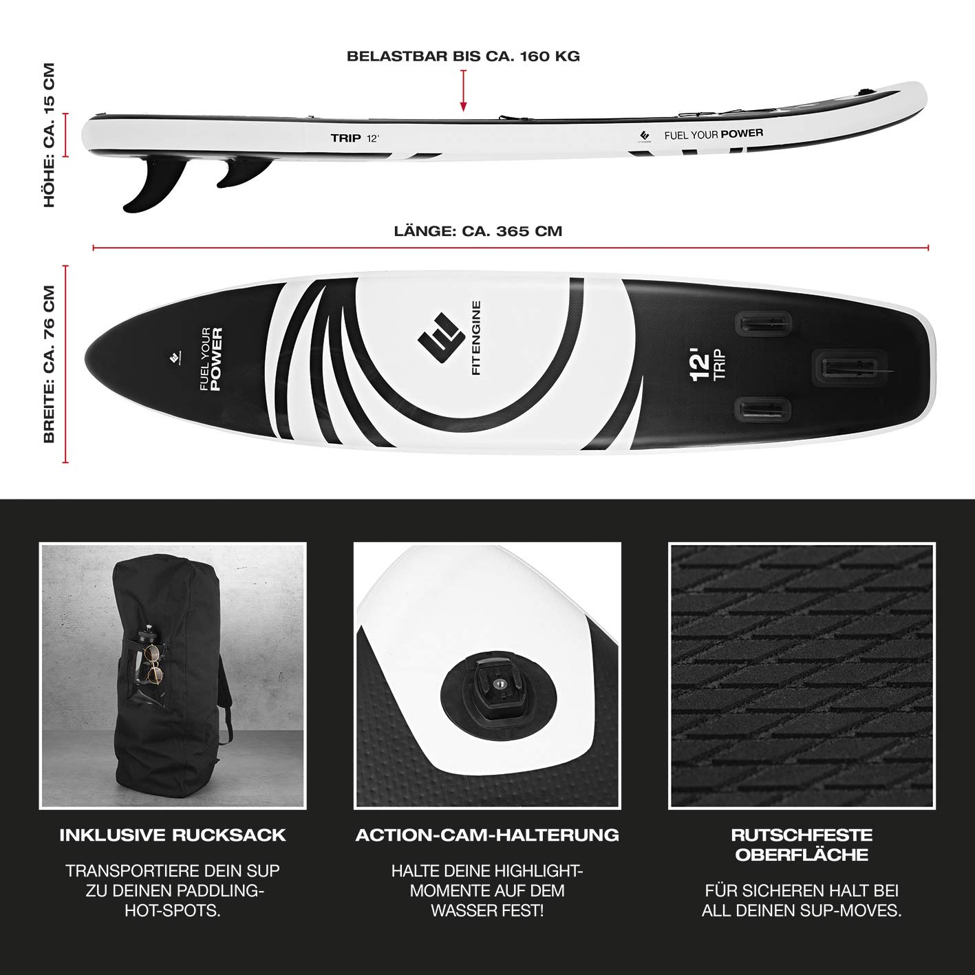 FitEngine SUP Allrounder/Racer/Junior 8' - 12'' | Umfangreiches Stand-up-Paddle-Board Set inkl. Drybag, Handyhülle und Co. | Drop-Stitch Qualität von der starken SUP Marke