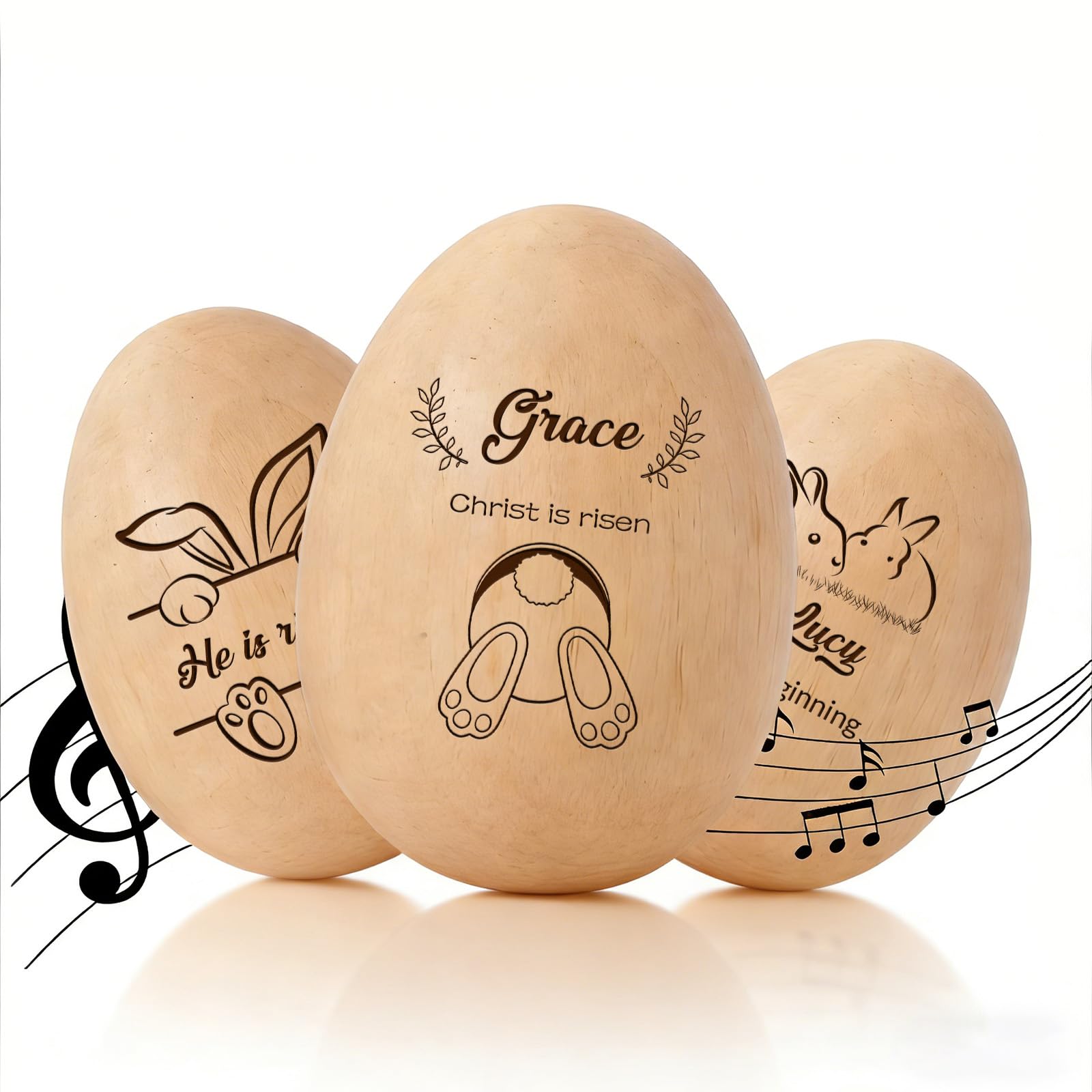 QSZ Personalised Musical Easter Egg Shakers 2026 Custom Engraved Wooden Easter Eggs Easter Basket Stuffers Personalised Easter Decor Gifts (Easter eggs - 2)