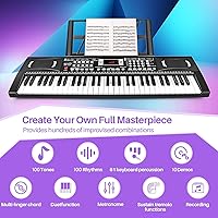 Vista 2 de Belens 61 Keys Electronic Digital piano, portable Keyboard piano with built-in speaker and microphone, Sheet Stand and Power Supply,keyboard piano