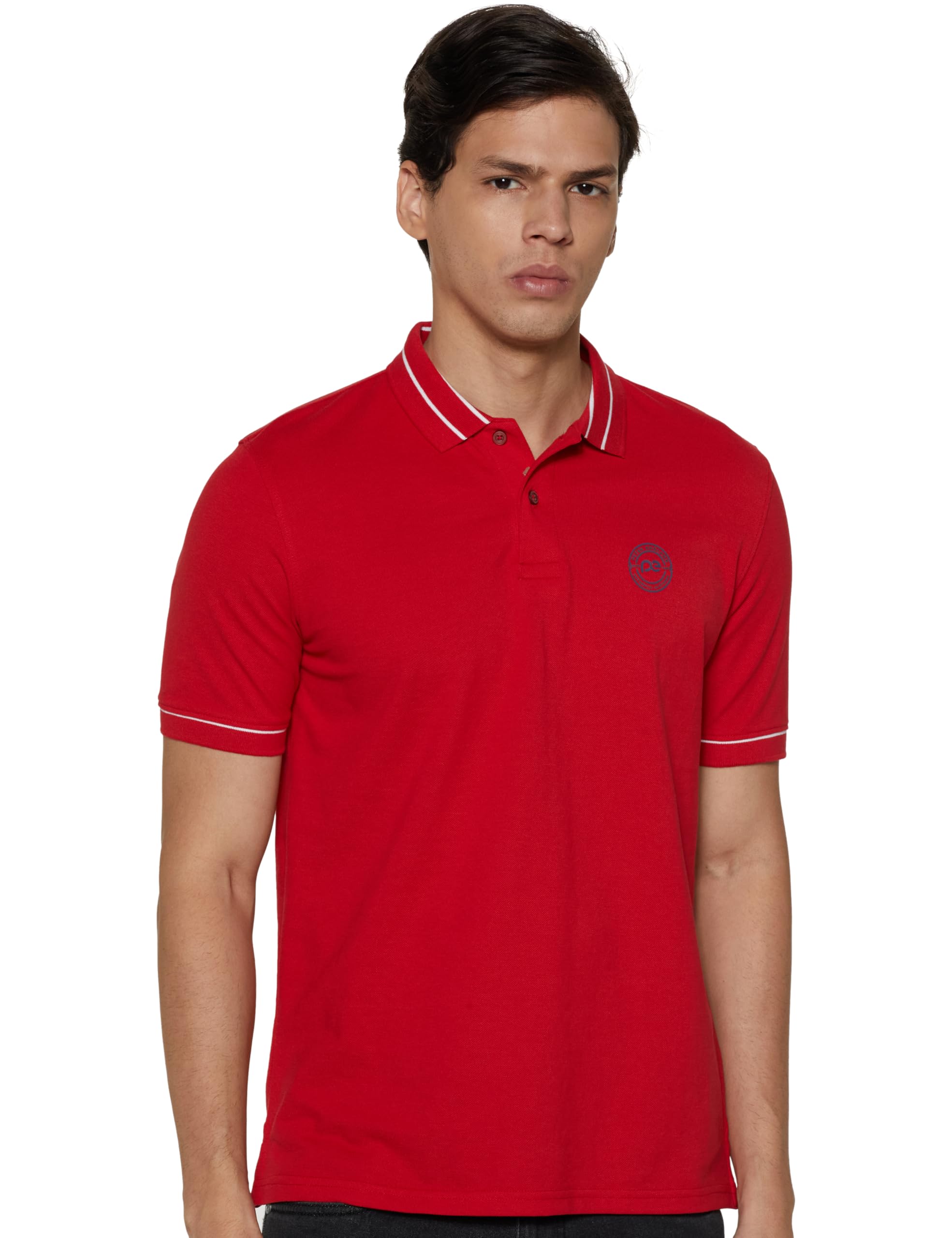 Peter England Men's Regular Fit Branded Insignia Half Sleeve Polo T Shirt|Cotton Rich|Premium Pique Weave,Red