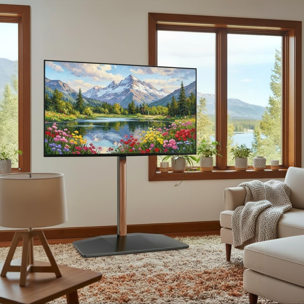 Pegzone Universal Swivel TV Stand with Wood for 32-85 Inch LCD LED OLED Screen, Holds 132 Lbs, Height Adjustable Floor TV Stand, Max VESA 600 * 400mm, Black, for Bedroom Living Room