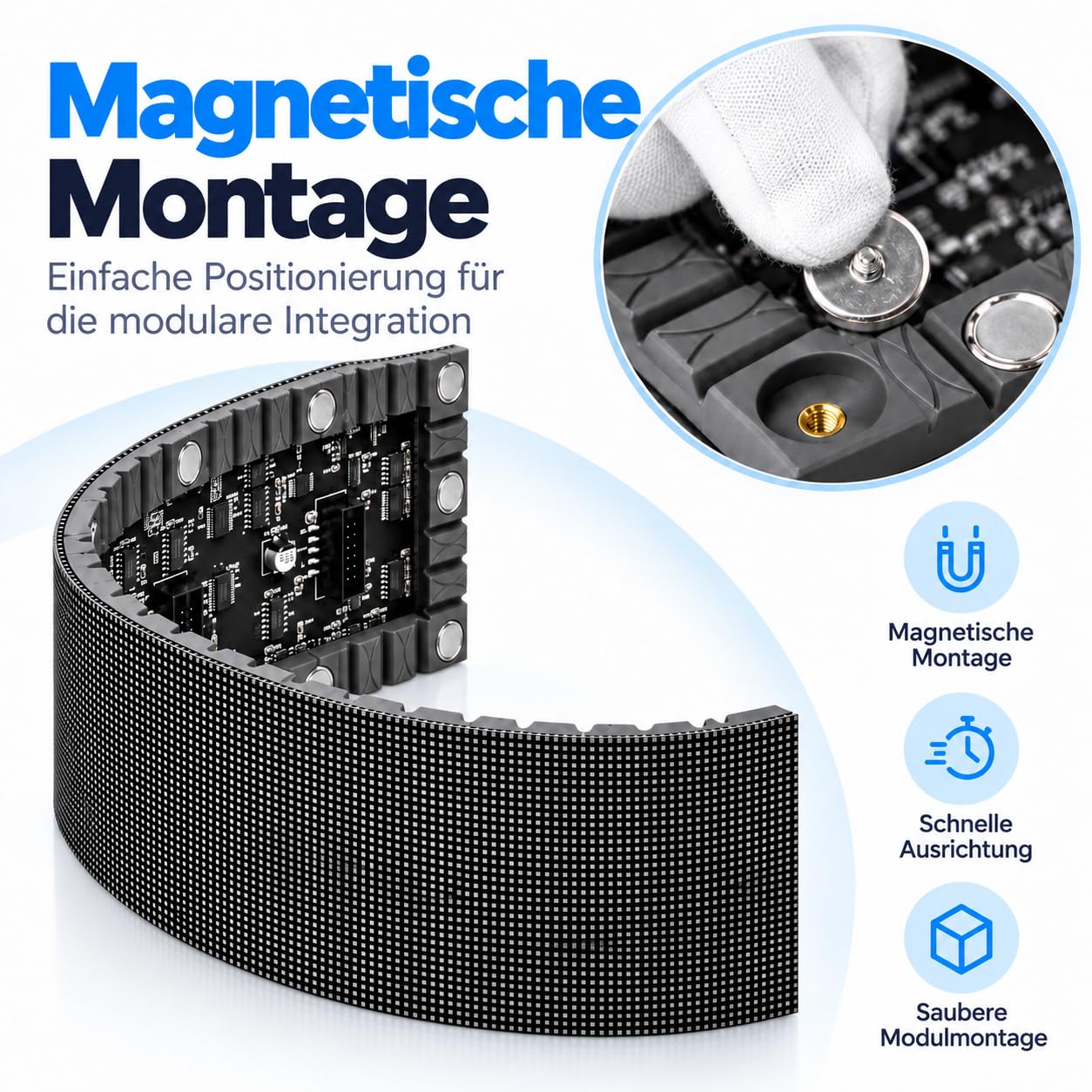 P1.579 Flexibles LED-Modul 240 x 120 mm, 152 x 76 Pixel, SMD1212, DC 5V, 700 Nits, 1/38 Scan, Magnetmontage, Frontservice für gebogene Indoor-Displays, 20 Stück