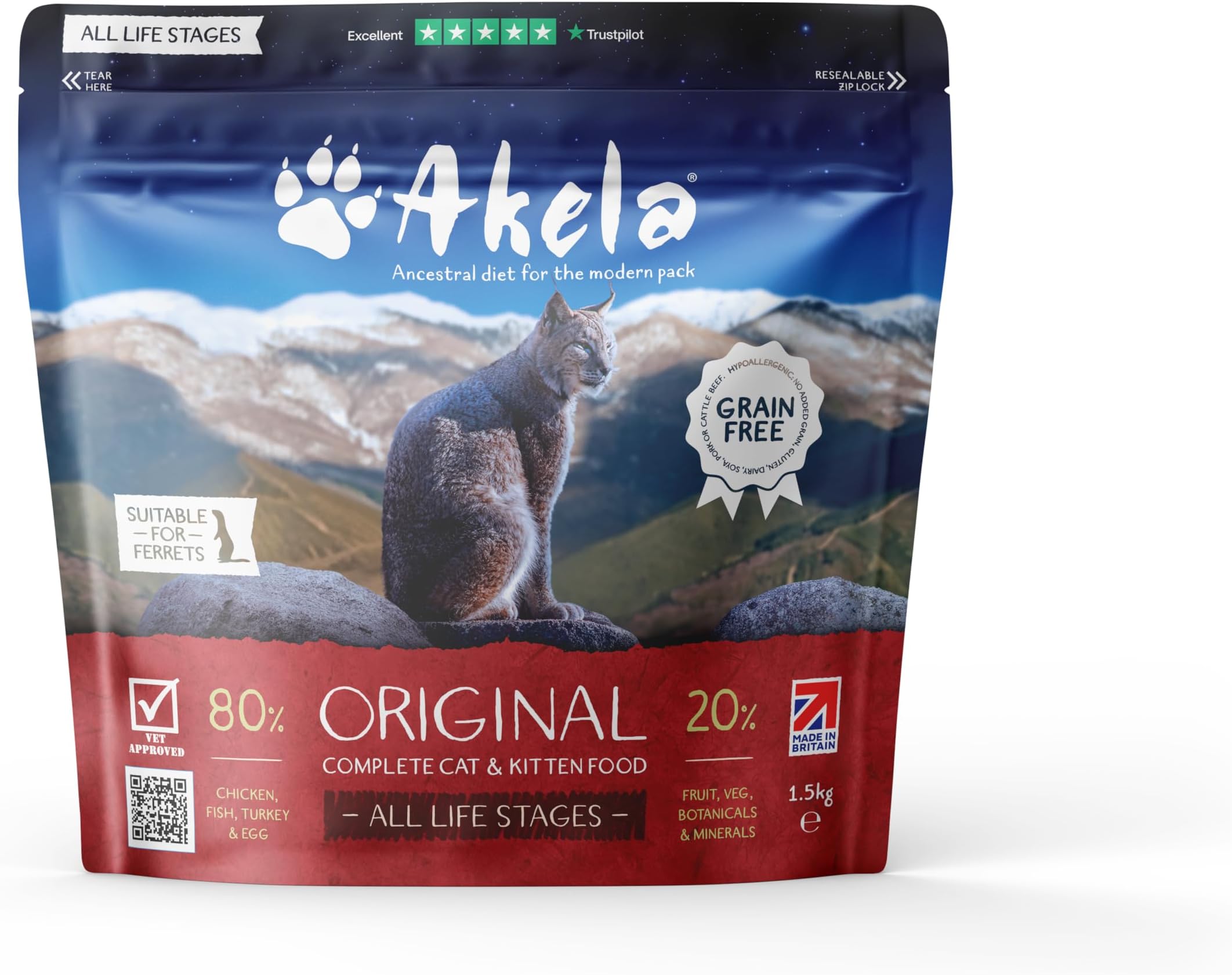 Akela 80:20 Original Dry Complete Cat Food 80:20 1.5Kg