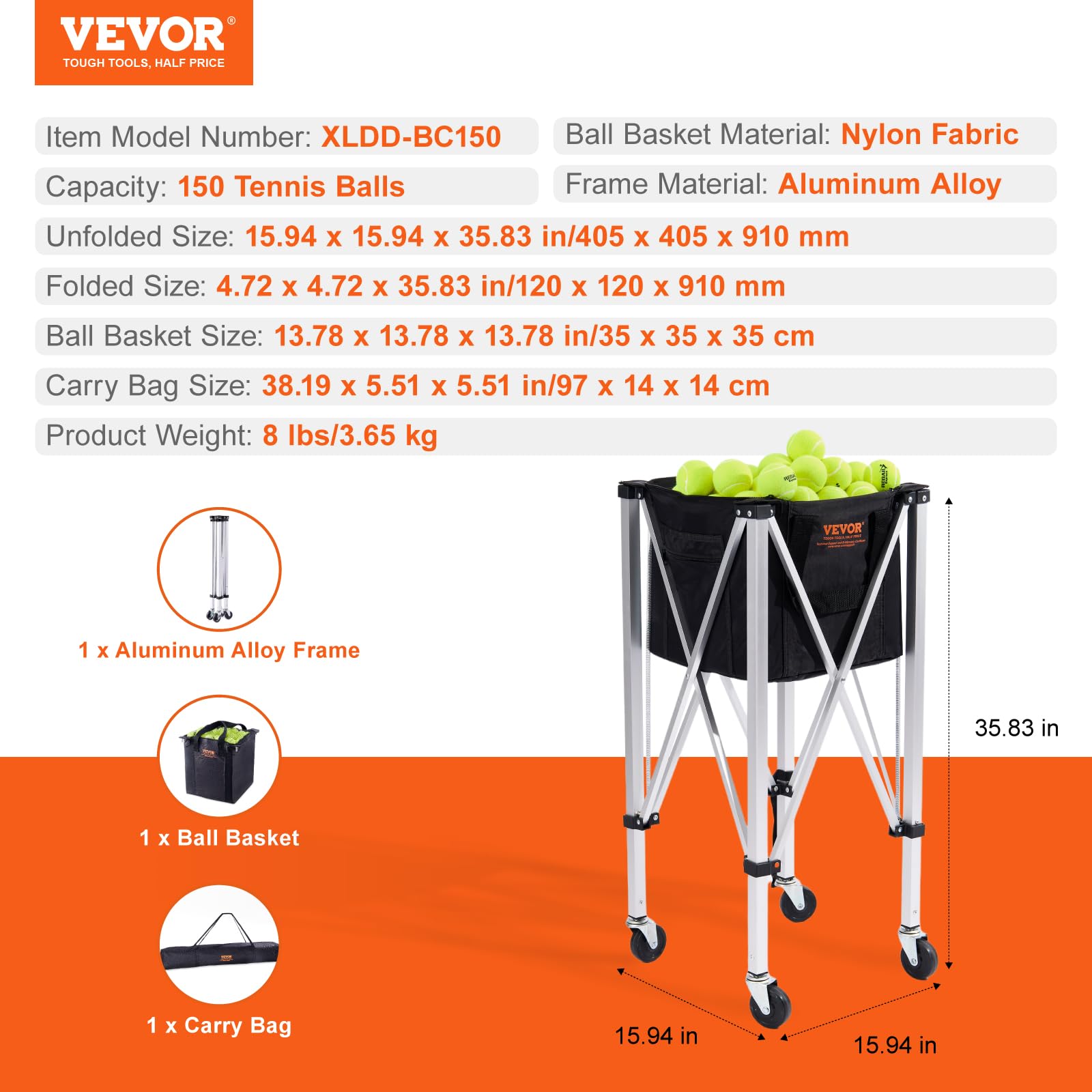 VEVOR Panier à Balle de Tennis Pliable 150 balles Chariot Alliage d'aluminium