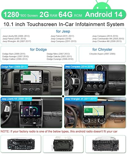 Miniatura 2 de ASURE Radio estéreo de coche Android de 10.1 pulgadas para Dodge Ram 1500 2009-2012, Jeep Wrangler 2007-2017, Chrysler 300C 2008-2010, unidad