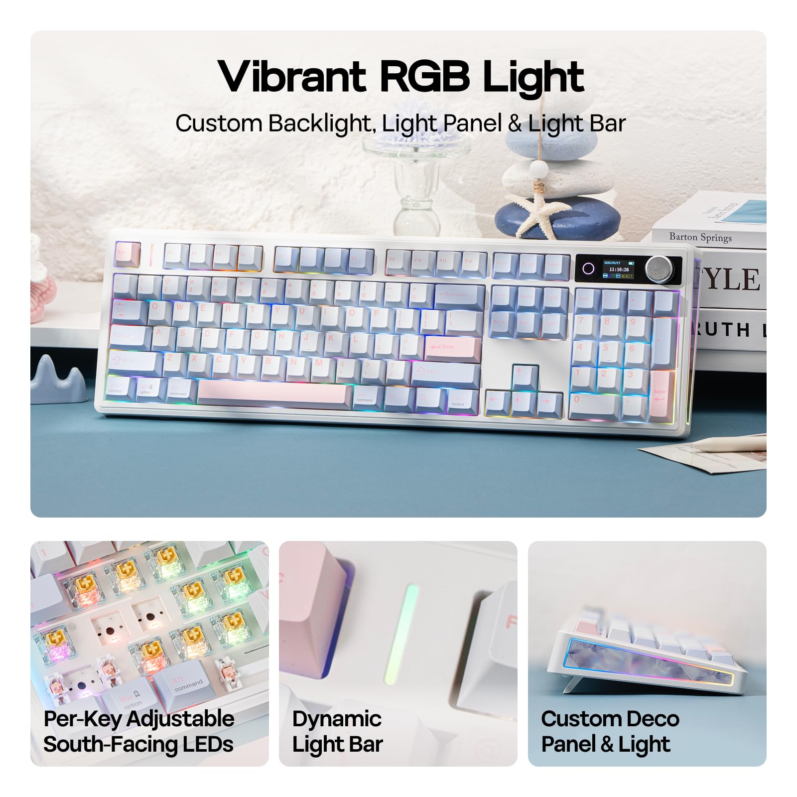 EPOMAKER TH108 V2 PRO Wireless Gaming Keyboard with TFT Screen&Knob, 10000mAh, RGB, 2.4Ghz/BT/USB-C, PBT Keycap, Custom Driver, Full Size Wireless Mechanical Keyboard (Blue, Creamy Jade) - 5