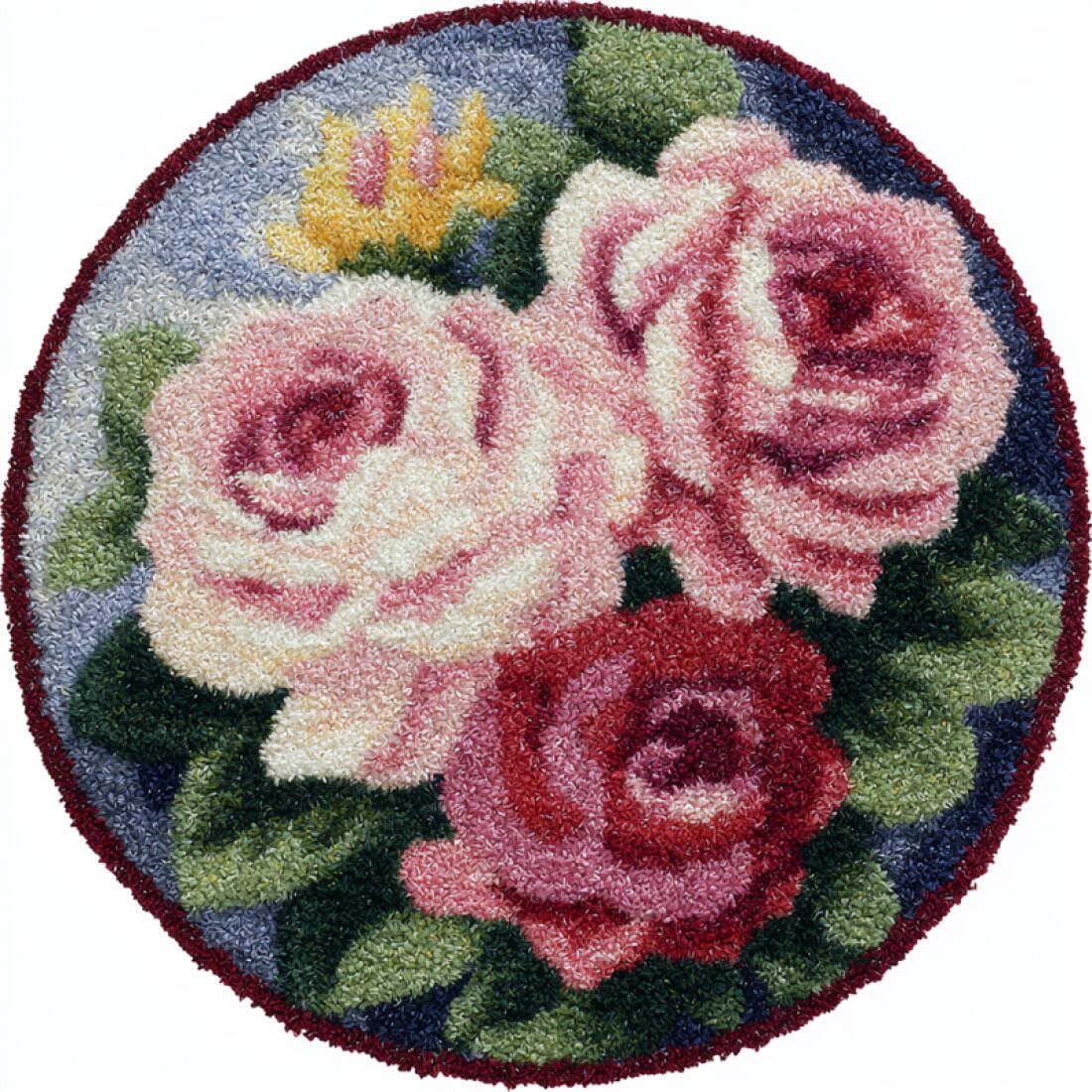 Rqwybcaxn DIY Latch Hook Rug Kit for Beginners Flower Crochet Starter Kit Pink Roses 60x60cm Round Tapestry with Crochet Hook Bedroom Craft Gift
