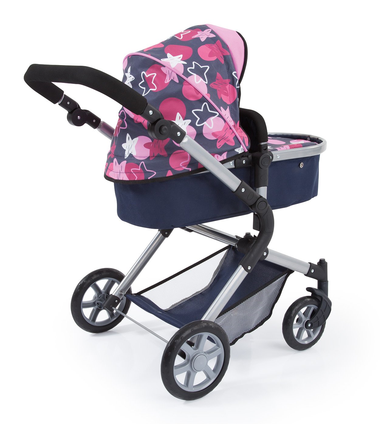 Bayer Design 18169AA Passeggino/Carrozzina per Bambola, regolabile in altezza, pieghevole, blu con motivo a stella
