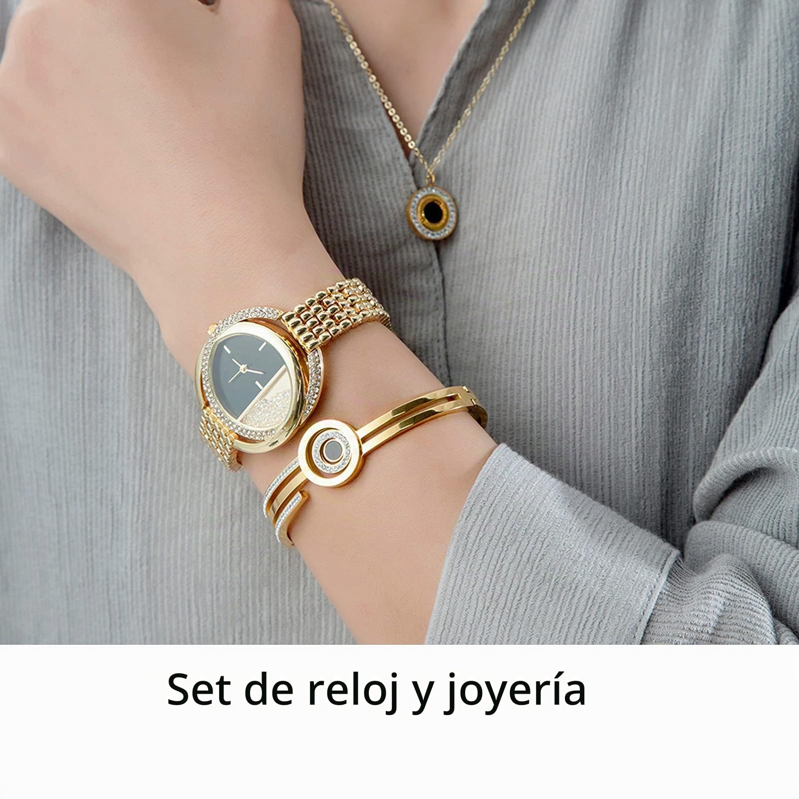 YUYTE Reloj de Pulsera para Mujer, Juego de Joyas con Pulsera, Juego de Joyas para Mujeres, Collar con Banda de Reloj, Oro Rosa Y Oro para Mujeres Y Niñas, Reloj de Cuarzo Diamantes Imitación