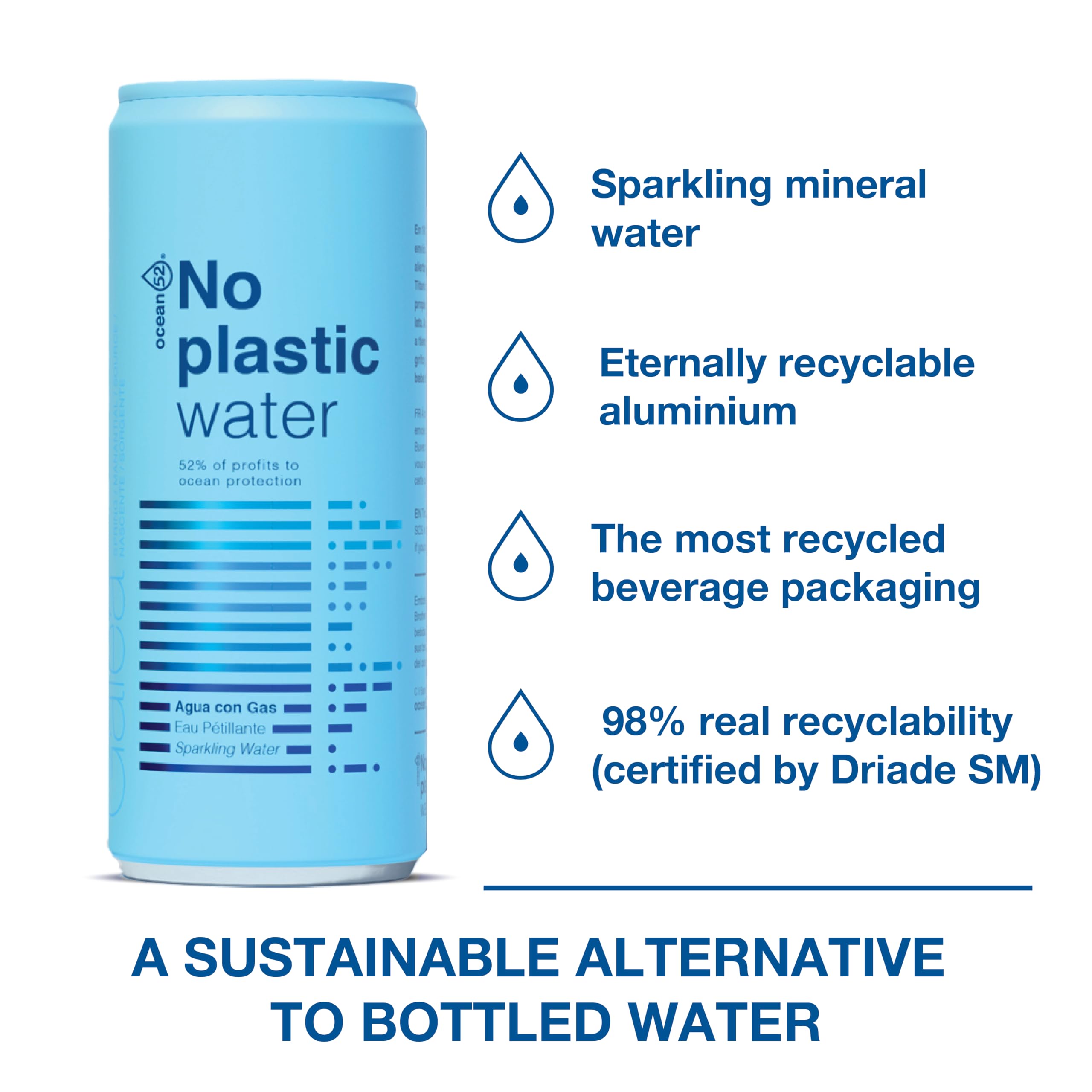 Agua con gas en lata No Plastic Water de Ocean52. Agua Mineral con gas - Pack 24 unidades x 33cl. Agua con gas en pack de 24 latas de 33cl. Agua mineral con gas en lata.