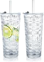 Vista 11 de Puraville Paquete de 2 vasos de vidrio de 18 onzas con tapas y pajitas, cristalería engrosada con patrón de glaciar a rayas acanaladas vintage