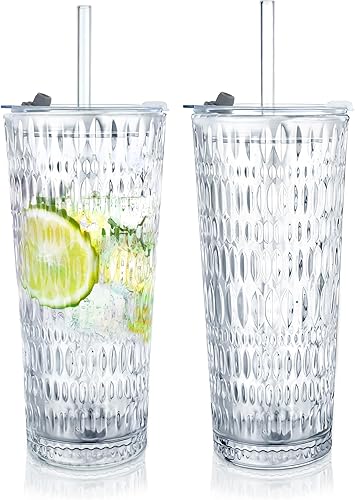 Miniatura 11 de Puraville Paquete de 2 vasos de vidrio de 18 onzas con tapas y pajitas, cristalería engrosada con patrón de glaciar a rayas acanaladas vintage para