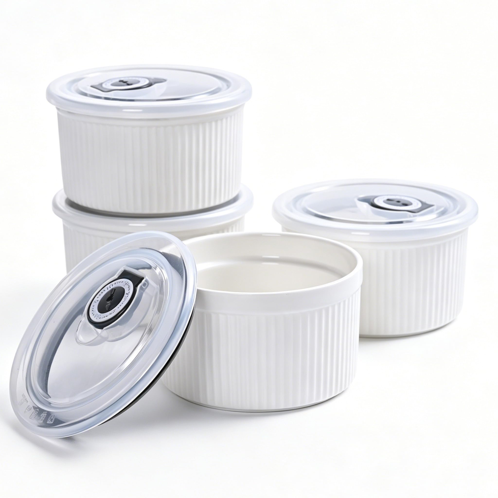 Lot de 4 ramequins avec couvercles - Passent au four - 414 g - Pour crème brûlée - Petits ramequins en porcelaine pour pâtisserie, soufflés, sauces, desserts - Blanc (11,4 cm)