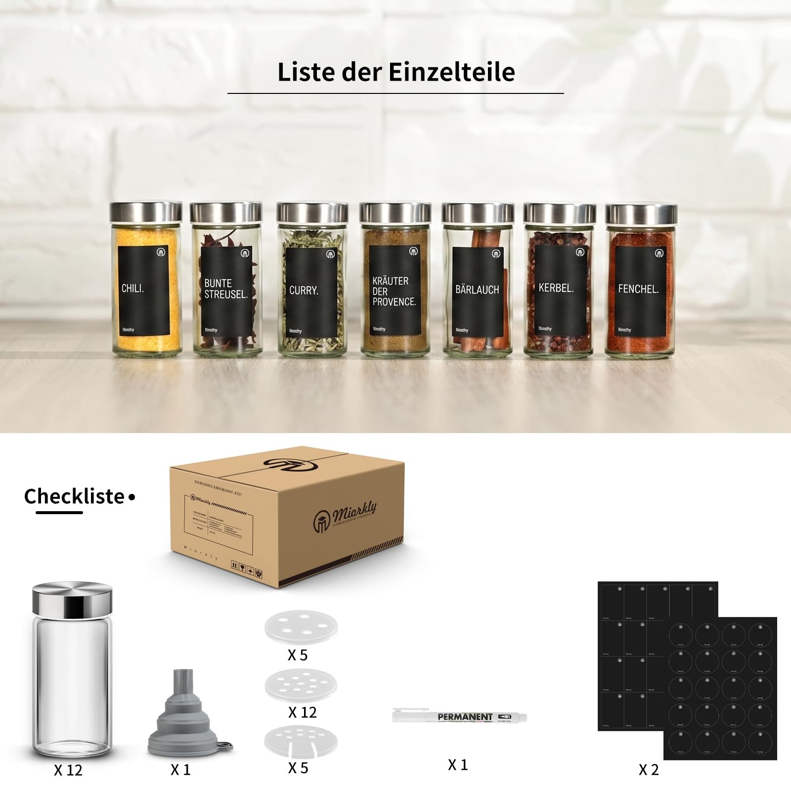 Miorkly 12 barattoli per spezie con inserto in acciaio inox di alta qualità, con coperchio rotondo in acciaio inox, 12 etichette per spezie rotonde, 1 imbuto, 22 colini di uscita