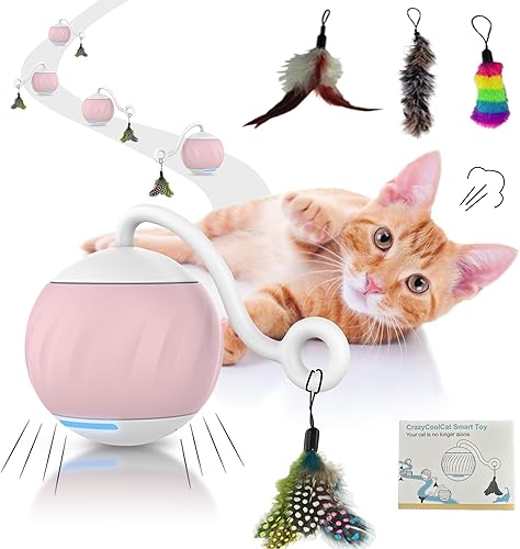 Juguete de bola para gatos con ruedas automáticas, juguete automático interactivo para gatos con accesorios de plumas de cola, velocidad lenta y