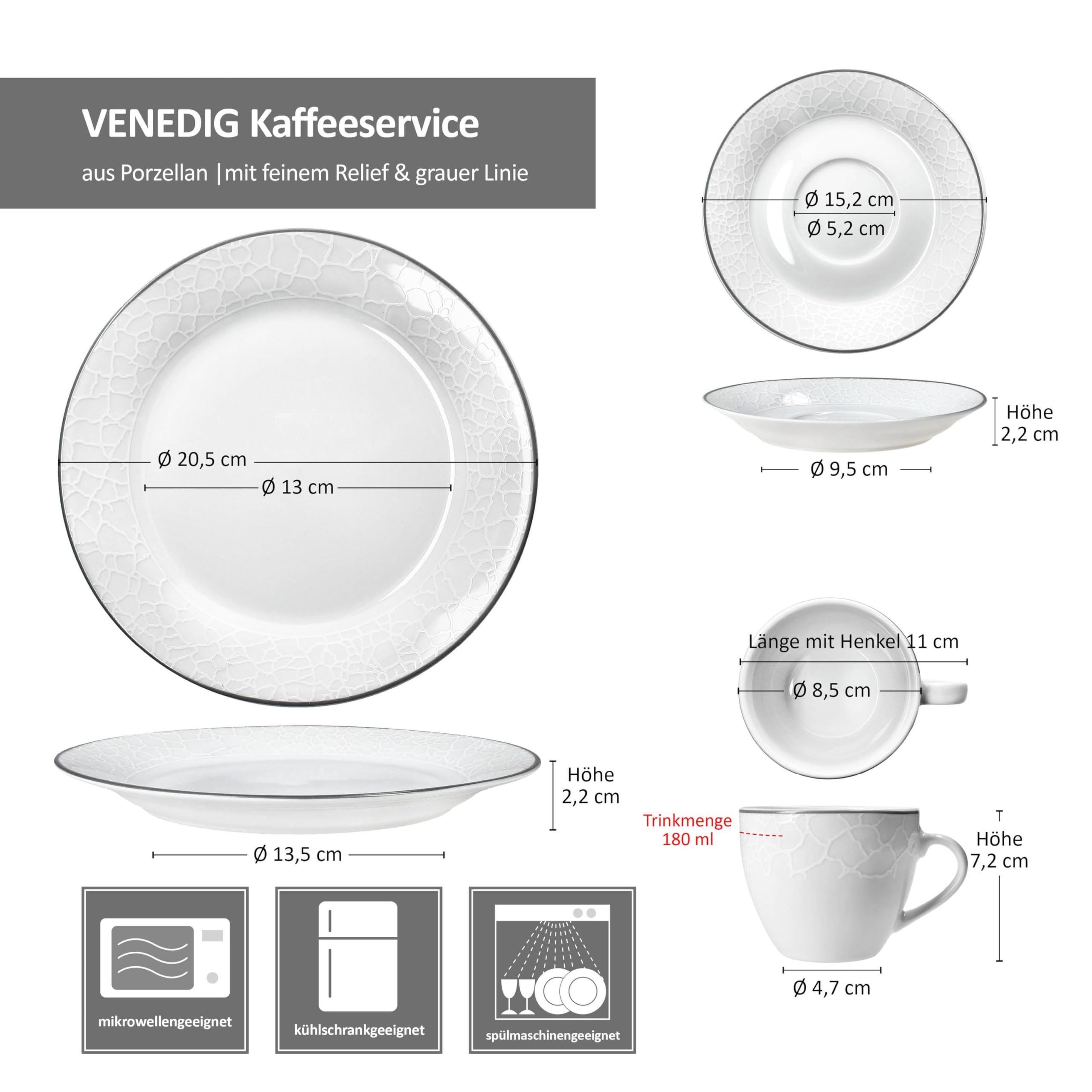 MamboCat Venedig 18tlg Kaffeeservice I weißes Porzellan Geschirr mit Relief in Kieselstein-Optik & Grauer Linie für 6 Personen I je 6X Kaffeetassen 180ml, Untertassen & Kuchenteller