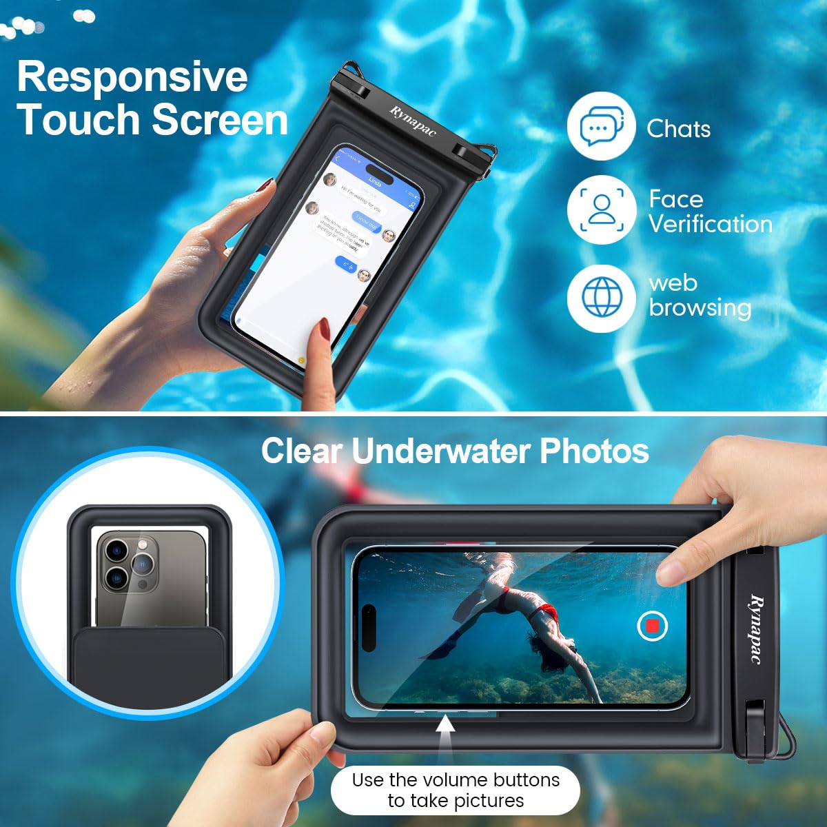 Rynapac Custodia per telefono impermeabile a doppio spazio galleggiante | Touch screen, custodia impermeabile IPX8, per iPhone 17 16 15 14 Pro Max, cordino regolabile, Beach & Cruise Essentials 2026