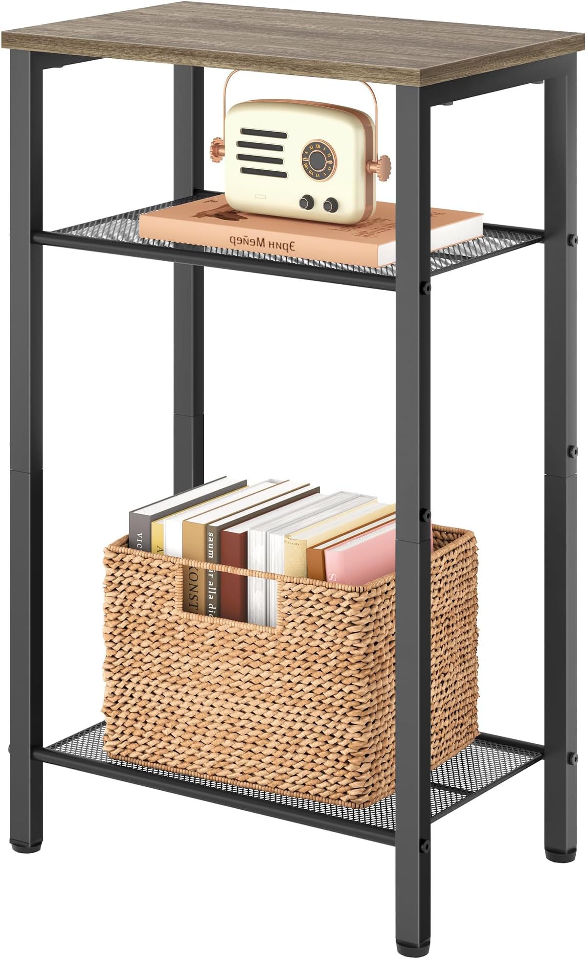 Hoctieon 3 Tier End Table, Telephone Table, Tall Side Table with Storage, Small Nightstand for Small Spaces, Metal Frame, For Living Room, Bedroom, Sofa Couch, Hall, Easy Assembly, Greige