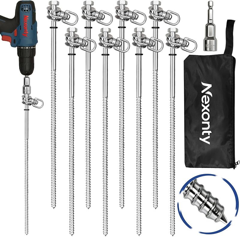 8-Pack 12" Steel Screw in Tent Stakes Heavy Duty, Ground Anchors | Trampoline Anchor Kit,Swing Set Anchors,Metal Threaded Camping Stakes with Hex Head Driver&Storage Bag