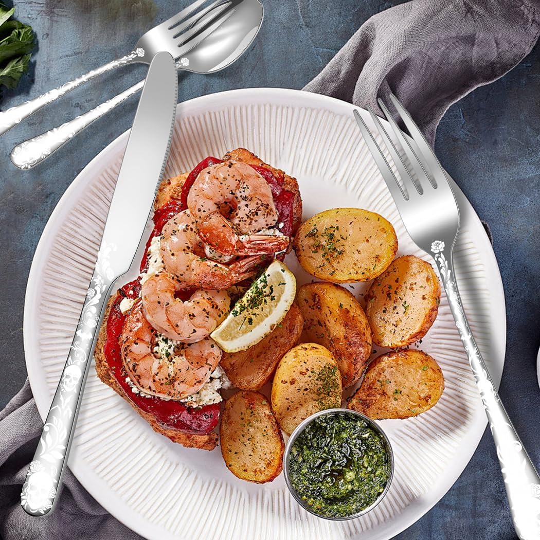 XIAOYU 40 Piece Halloween Skeleton Silverware Set, Tableware Cutlery Set Service for 8, Forks Knives Spoons Sets with Gothic Skull Flower Pattern, Stainless Steel Flatware Set Utensils for Kitchens