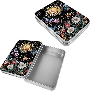 Metal Iron Box with Lid,4.5" x 3.4" x 0.9" Rectangular Empty Tinplate Containers for Crafts,Jewelry,Cookies,Gifts,Pills & Small Items Organizer,Sun flowers plants