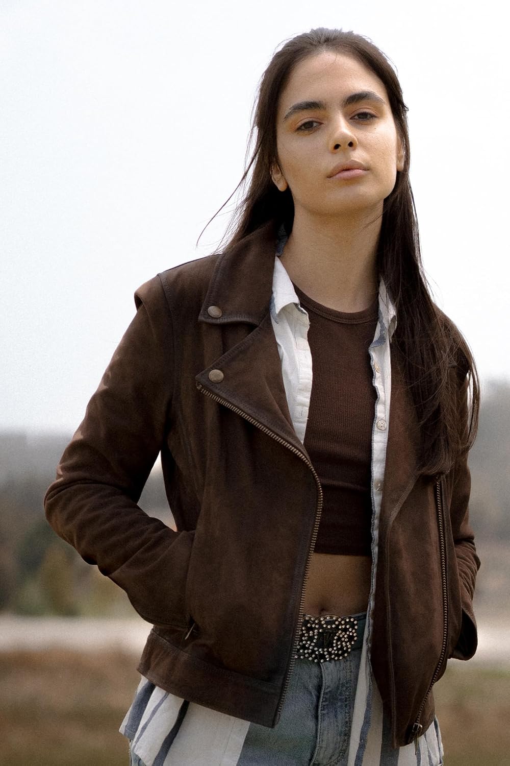Frye WOMEN’S SUEDE MOTO JACKET, VINTAGE-INSPIRED DESIGN, GENUINE LEATHER WITH ASYMMETRICAL ZIP – DARK BROWN