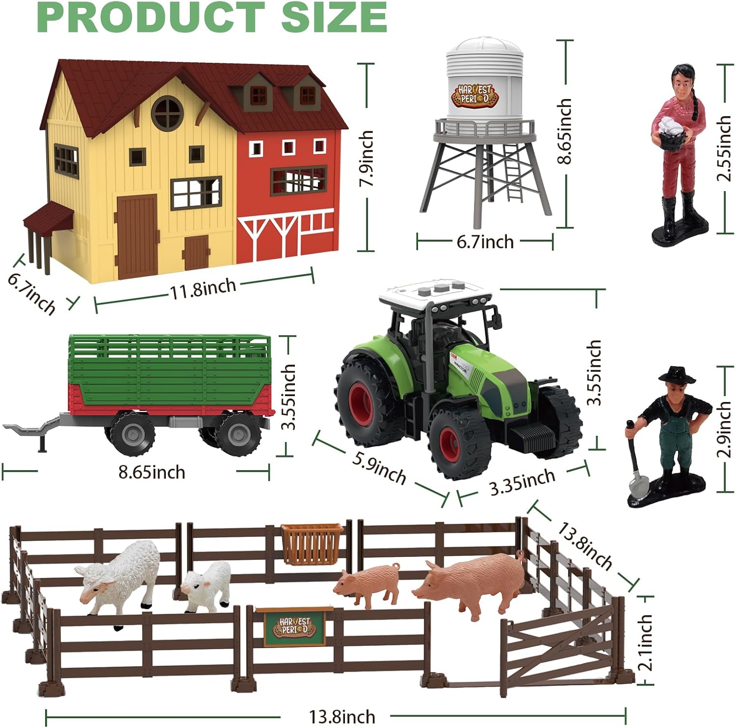 109PCS Farm Animals Toys Set Comes with Barn, Rice Storehouse, Rice Trolley, Milking shed, Farmer, Fence - Playset for Kids Toddlers Boys Girls 5+ Years Old Red House
