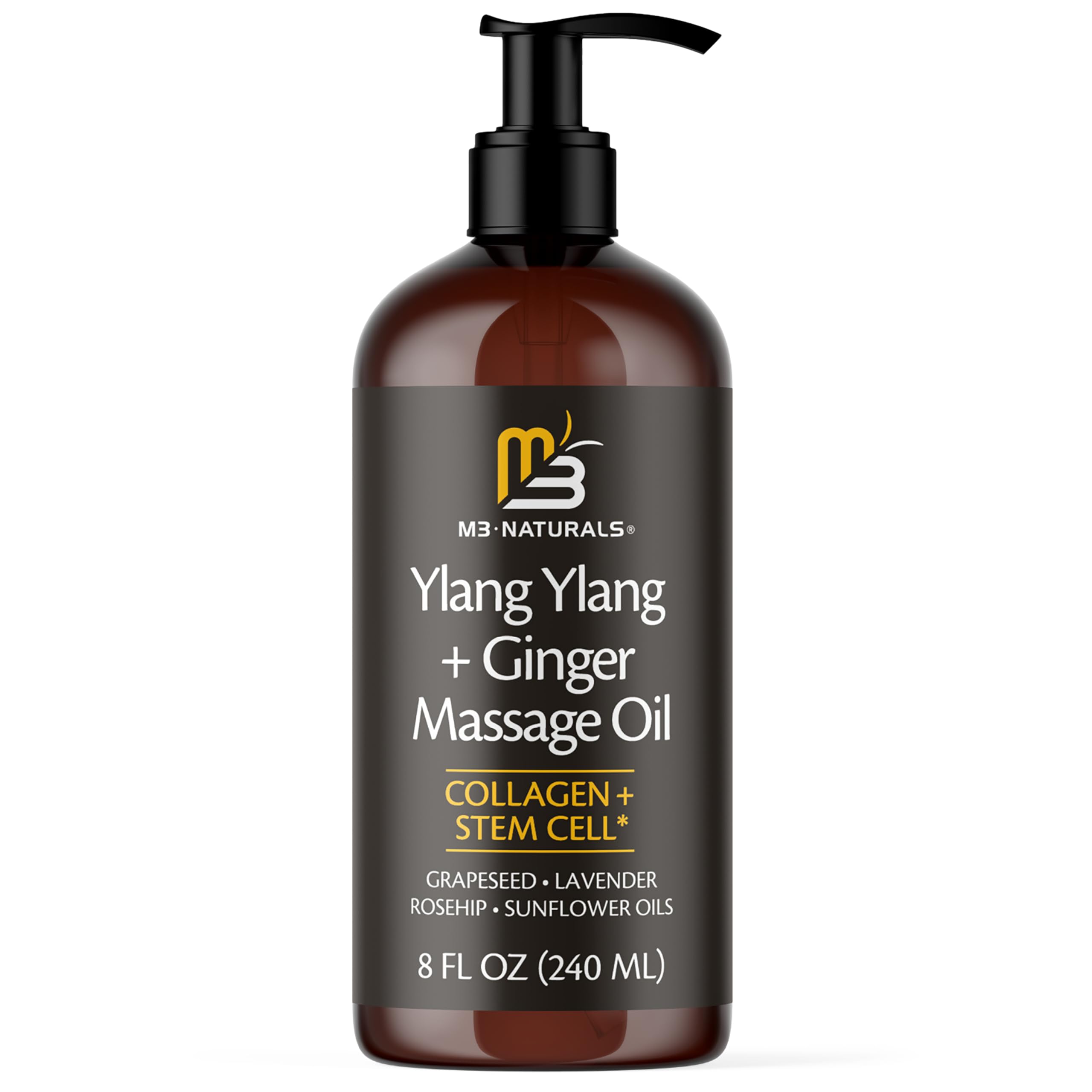M3 Naturals Ylang Ylang & Ginger Massage Oil Infused with Collagen and Stem Cell Natural Therapeutic Sensual Body Lotion Cream with Essential Oils for Deep Tissue Relaxation Sore Muscle Tension 8FL OZ