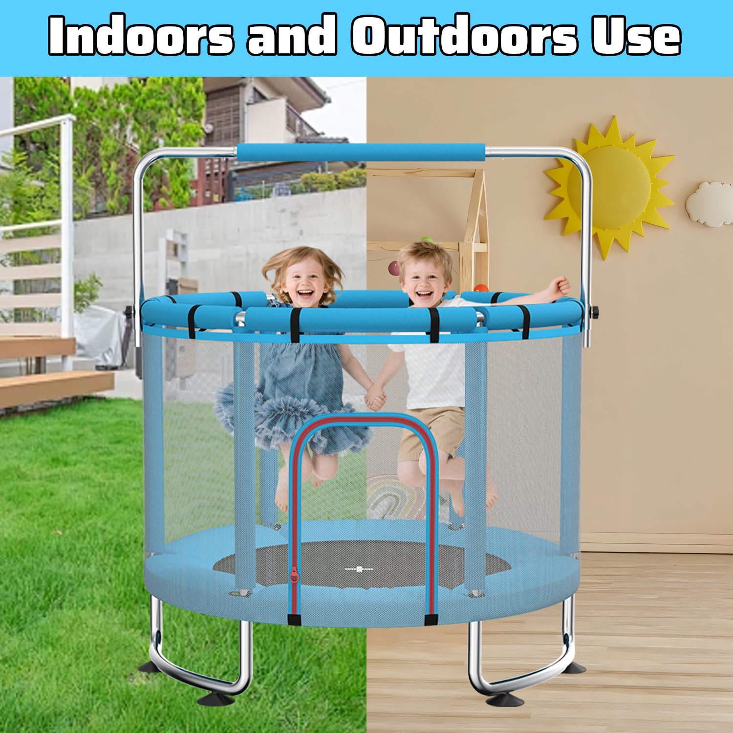 Kindertrampolin 140 cm für drinnen und draußen – 50 kg Belastbarkeit mit Sicherheitsnetz, Verstellbarer Turnstange und Basketballkorb, Geschenk für Jungen und Mädchen