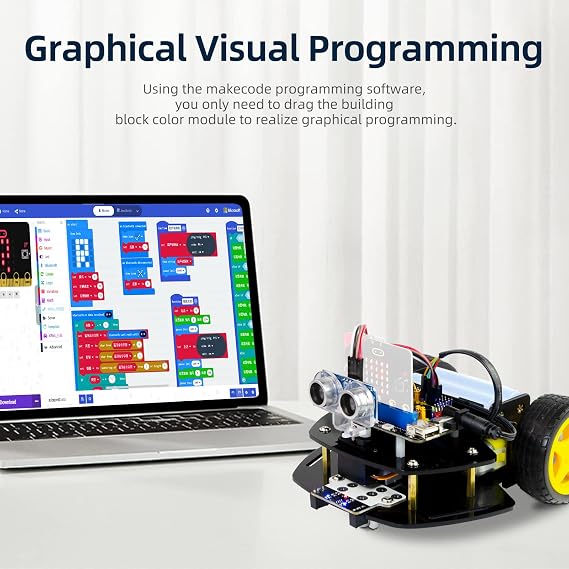 Microbit 2WD Robot Car Kit for Micro:bit V2 and V1.5(Not Contained), Graphical Makecode Coding Car with Ultrasonic Sensor, DIY Programmable Car for Adults Teens STEM Education Project