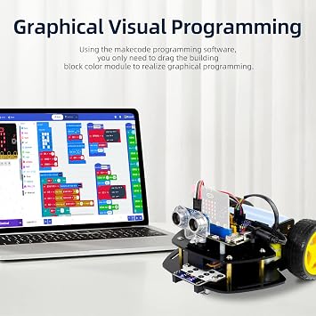 Microbit 2WD Robot Car Kit for Micro:bit V2 and V1.5(Not Contained), Graphical Makecode Coding Car with Ultrasonic Sensor, DIY Programmable Car for Adults Teens STEM Education Project