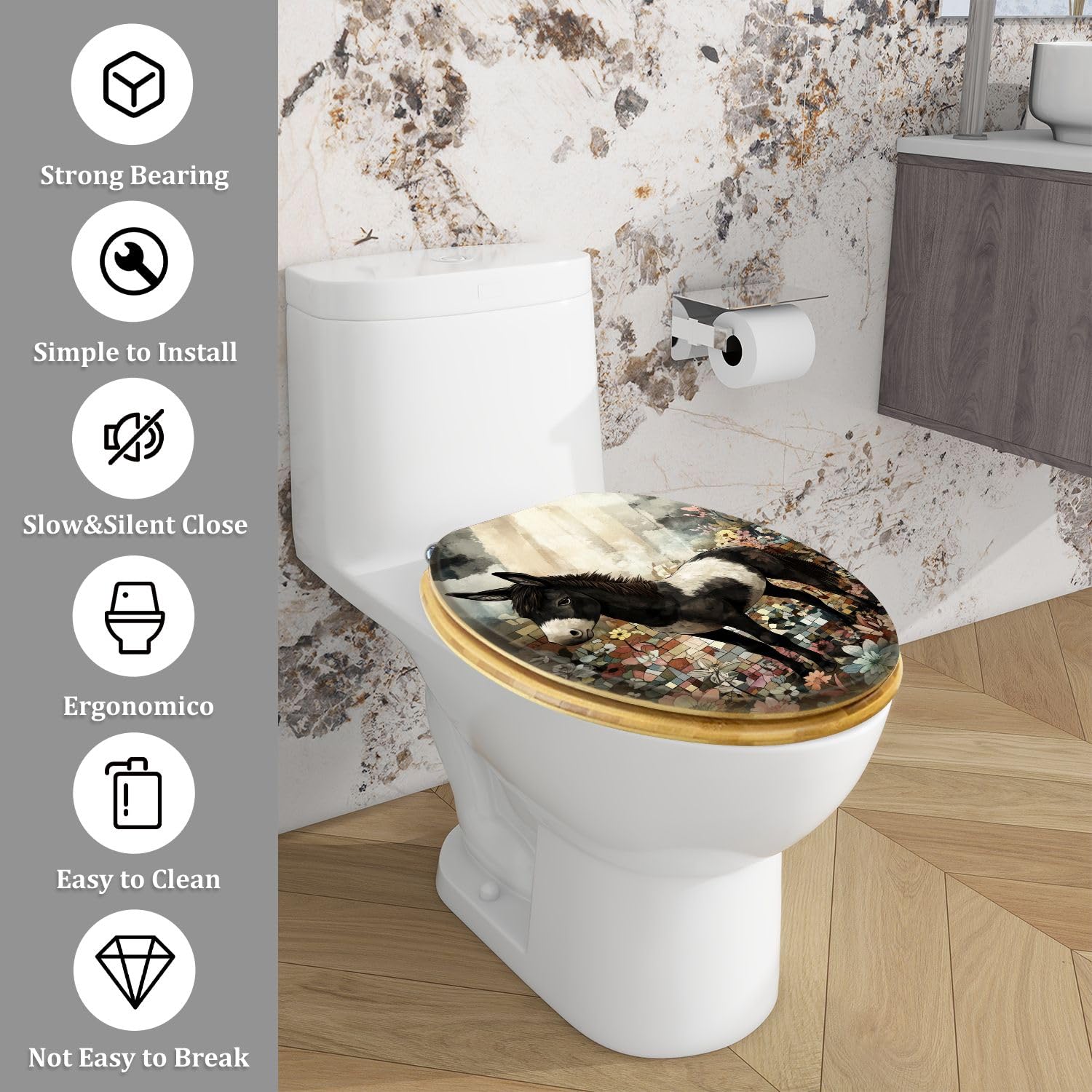 Sedile WC Allungato Decorativo In Legno con Copriwater, Fantasia Floreale Acquerellata con Asinello Bianco E Nero, Facile Da Installare, Chiusura Silenziosa, Cerniere A Sgancio Rapido per L'