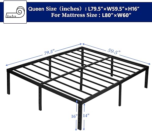 Miniatura 2 de Marco de cama Queen con plataforma de metal de 16 pulgadas con soporte de listones de acero, soporta hasta 3500 libras, sin ruido, fácil montaje