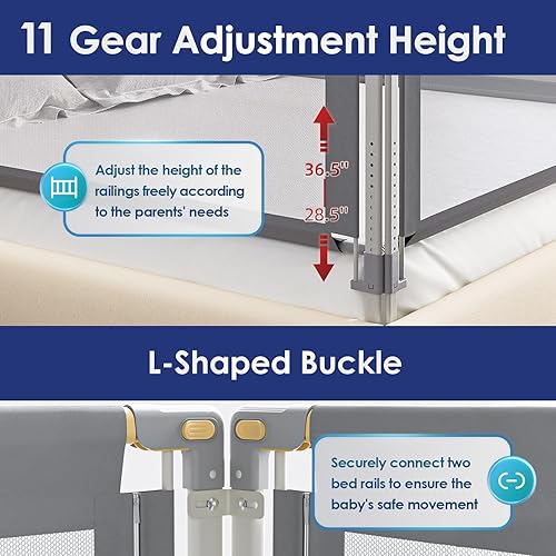 Miniatura 6 de Riel de cama para niños pequeños, rieles de cama de elevación de doble lado y altura ajustable para cama Queen, material de fibra seguro y natural