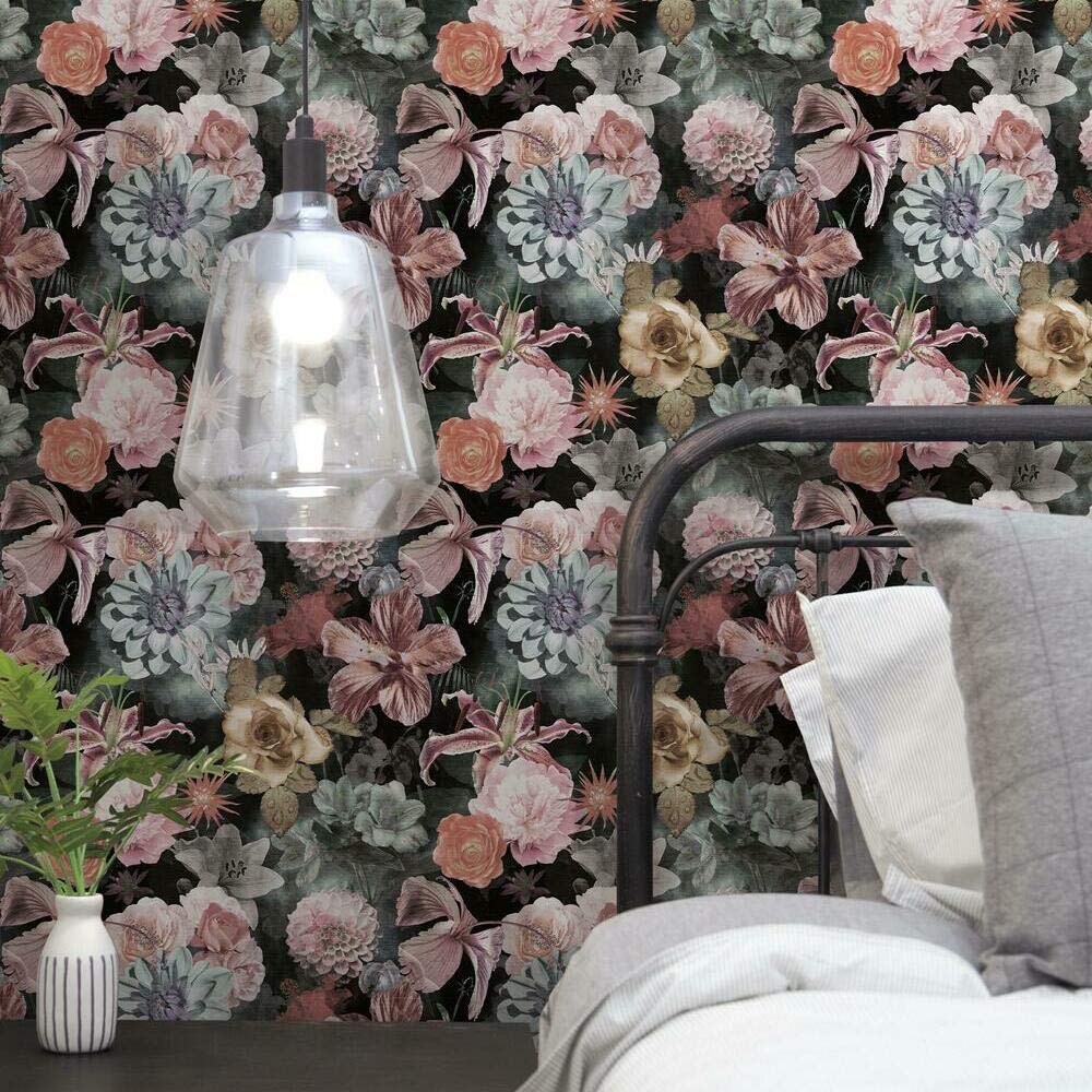 Papier peint vintage floral amovible, tapisserie adhésive florale
