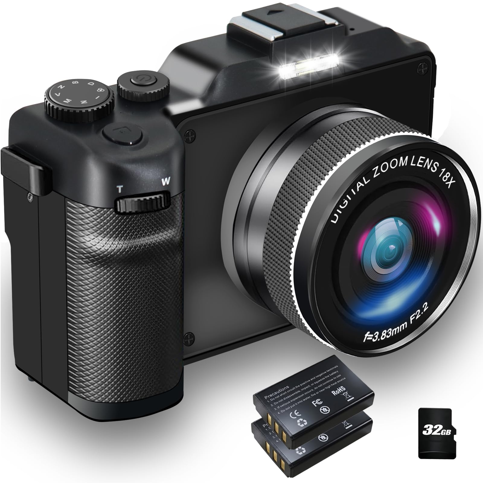 Cámara digital para fotografía, zoom digital de 18X, lente macro de enfoque automático, cámara de vlogging con WiFi, 2 baterías, estación de carga de tarjeta TF de 32 G, videocámara integrada con