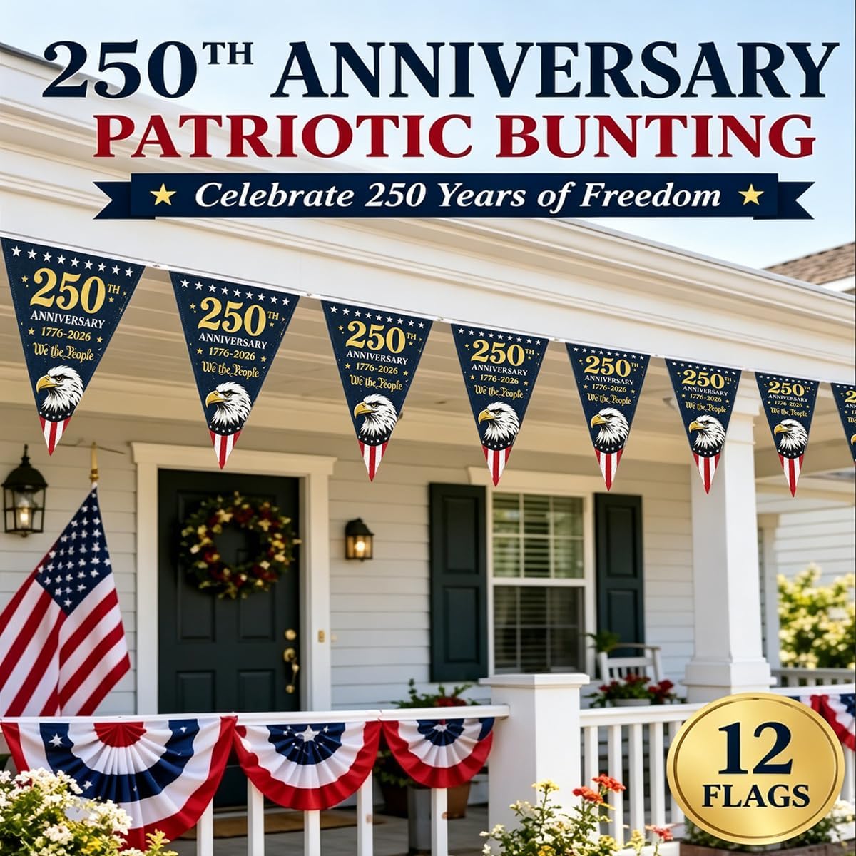 250 Anniversary Usa Banner USA Flag Patriotic Decorations 11"x7.5"x9ft American Flag Triangle Banner Garland for 1776-2026 250th Birthday 4th of July Memorial Day Party Supplies