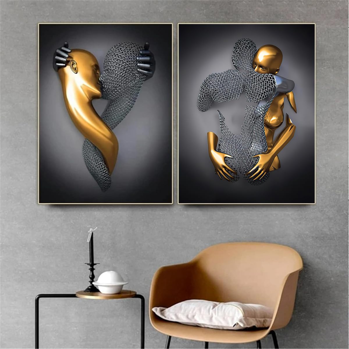 Romantic Hugging Couple Sculpture Poster, 3D Lovers Sculpture Poster, Metal Figure Statue Art Canvas Painting - Image 3