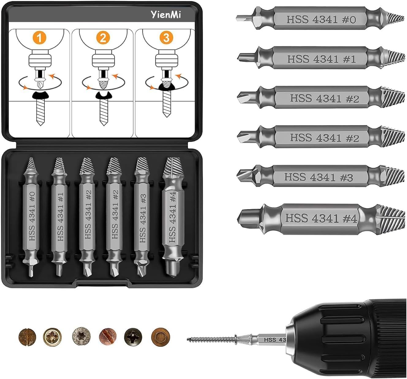 Screw Extractor Set, 6 Pieces, Made of HSS 4341, Damaged Screw Remover Extractor Set, Extractor for Removing Solid & Damaged Screws, Silver