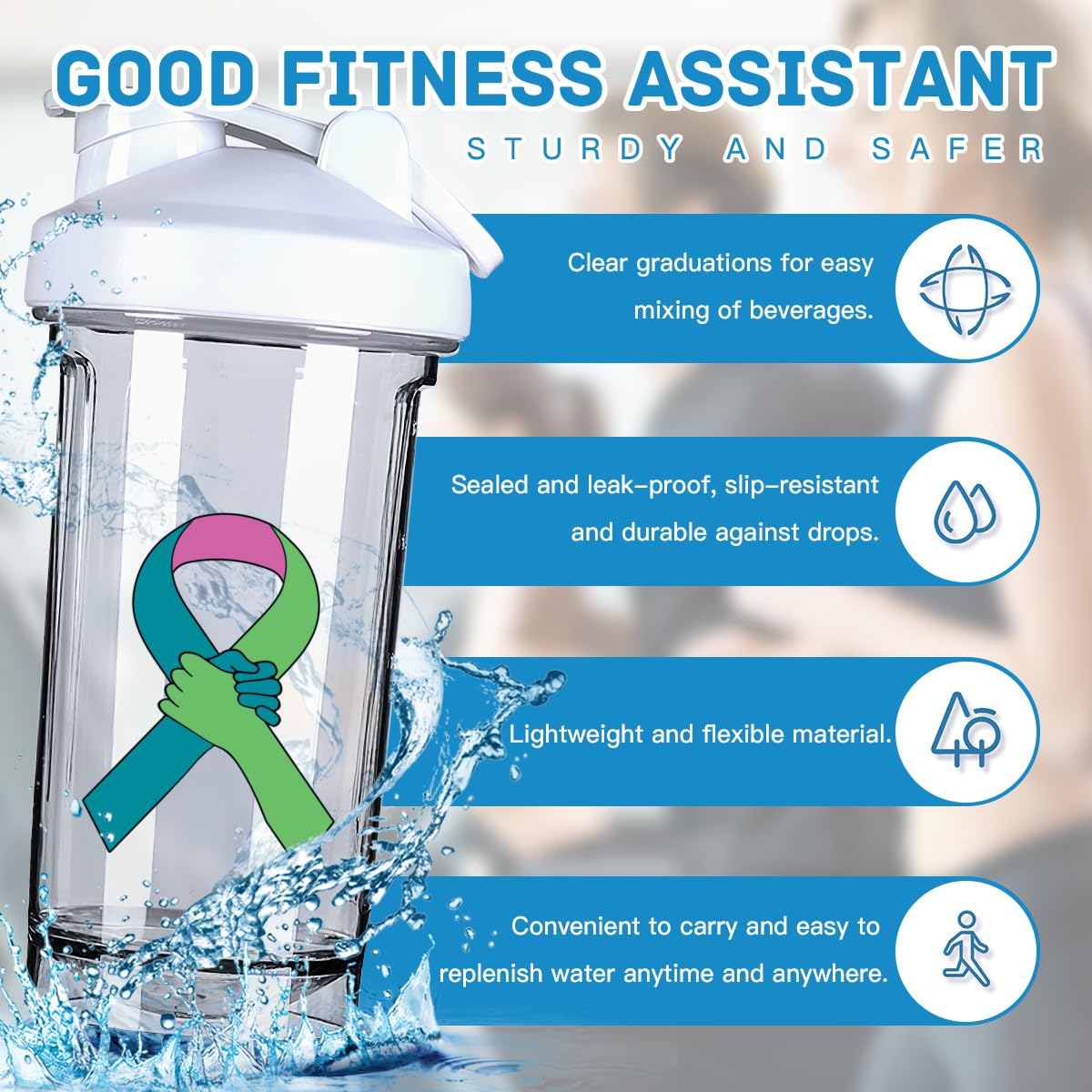 Metastatic Breast Cancer Awareness 1 18 Ounce Shaker Cup,Fashion Theme Pattern Shaker Bottle Leak-proof Workout Shake Bottles 500ML/18 oz Perfect for Pre Workout White 0