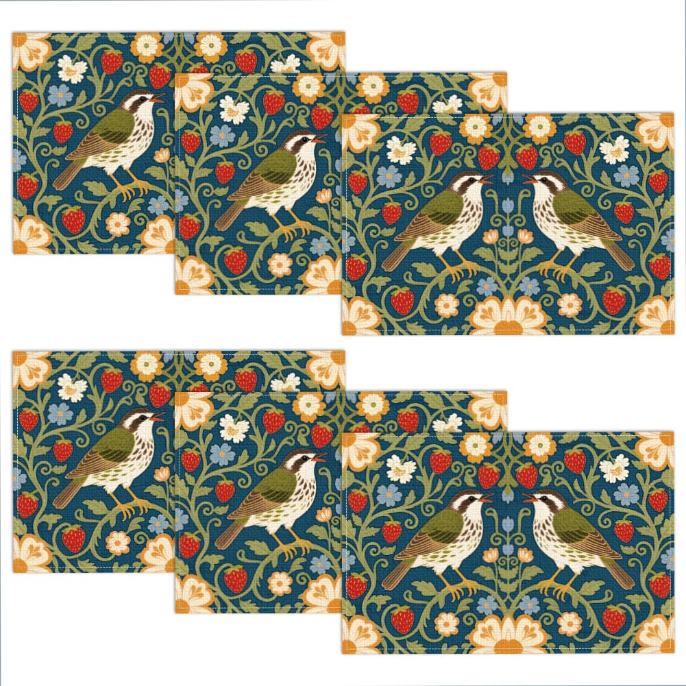 Sets de table imprimé floral oiseau fraise pour repas de fête et dîners en famille
