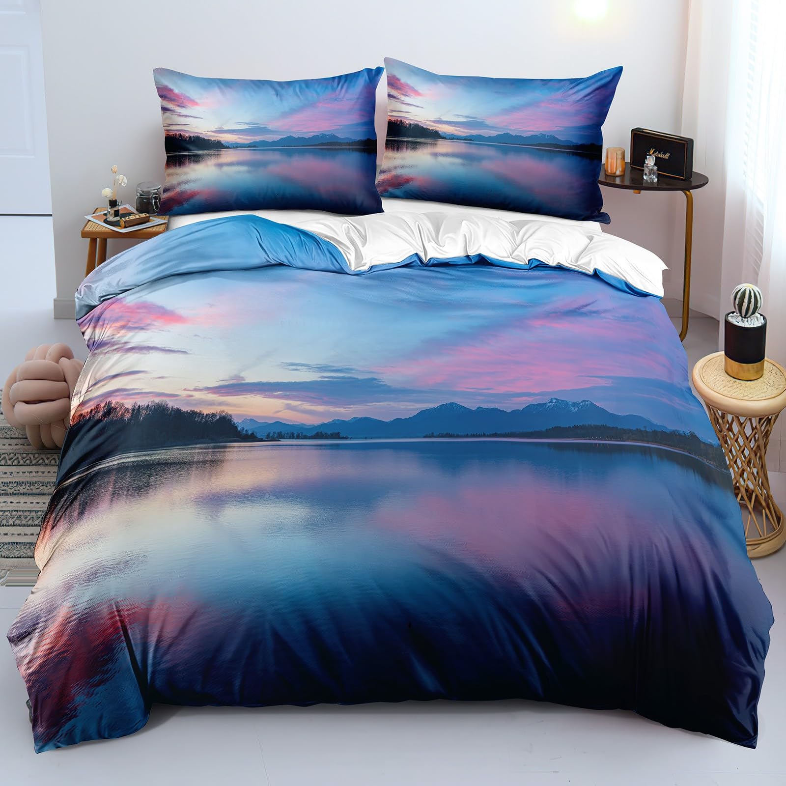 Housse de Couette Fermeture Éclair 150x200 Parure de Lit Facile à Enfiler Lac 3D