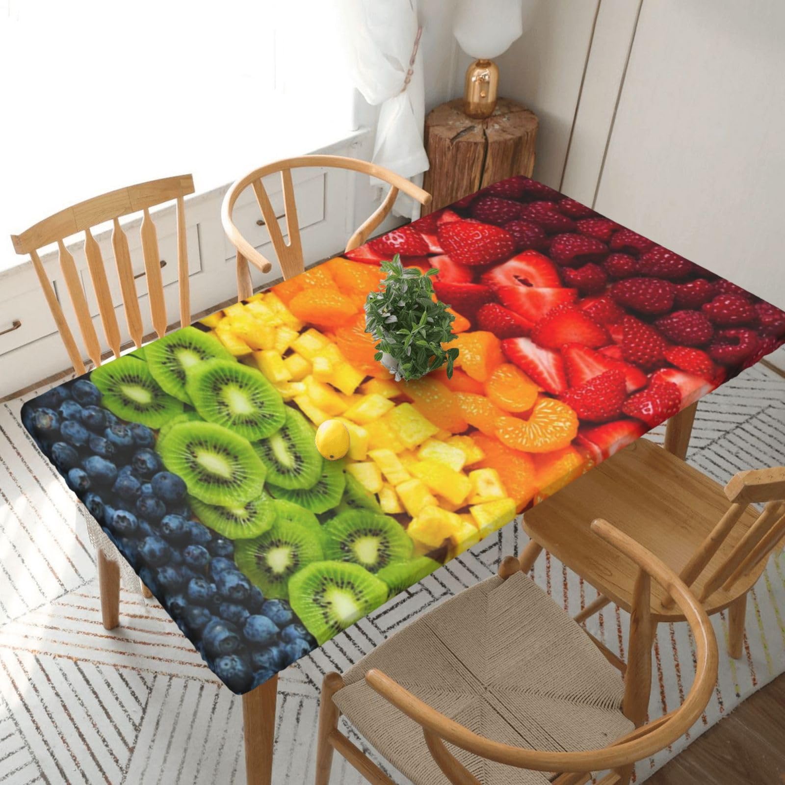 AUGUSTRUSH Fruit Rainbow Rectangle Tablecloth, Fitted Tablecloth For 5 Ft Tables Waterproof Elastic Edge Table Cover For Folding Banquet Tables Wipeable Table Cloth For Picnic Parties (152x76 cm)
