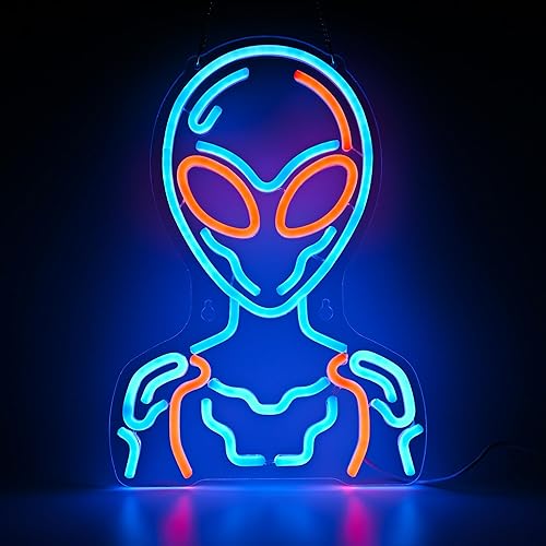 Miniatura 1 de Cartel de neón Cyber Alien - Arte de pared LED azul y naranja para sala de juegos, dormitorio adolescente, decoración de fiesta de ciencia ficción,