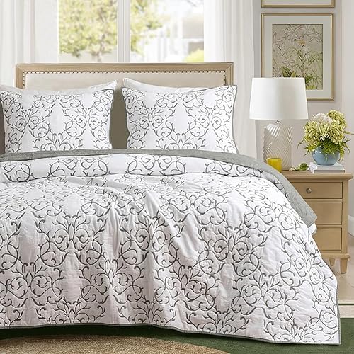 mixinni Juego de colcha tamaño King de 3 piezas con bordado floral gris (1 colcha, 2 fundas de almohada), tamaño King
