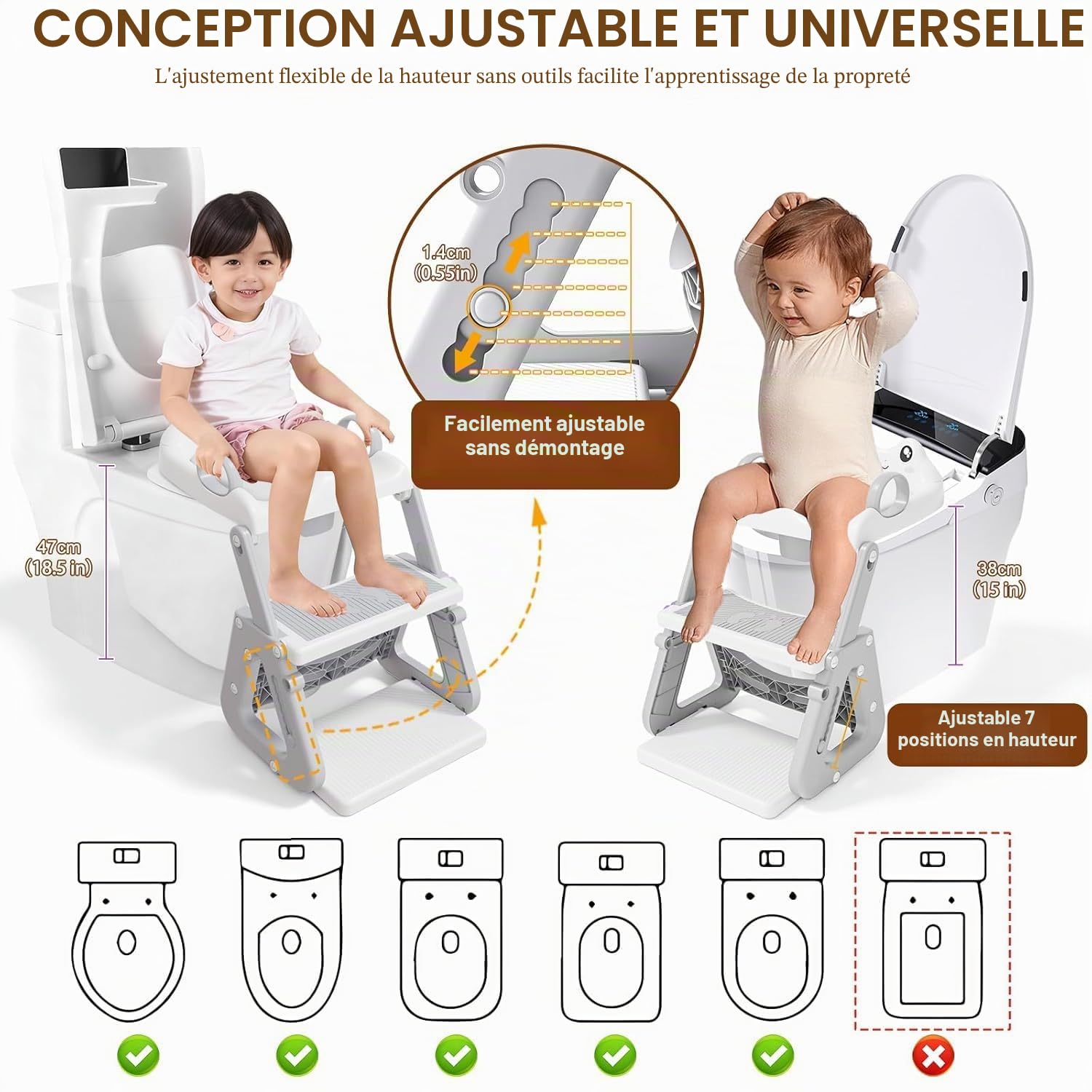 Reducteur Toilette Enfant avec Marche,Stabiliser Rehausseur Toilette Enfant avec Structures Triangulaires,Adaptateur Toilette pour Enfants Garçons et Filles,Antidérapant et Pliable,Gris