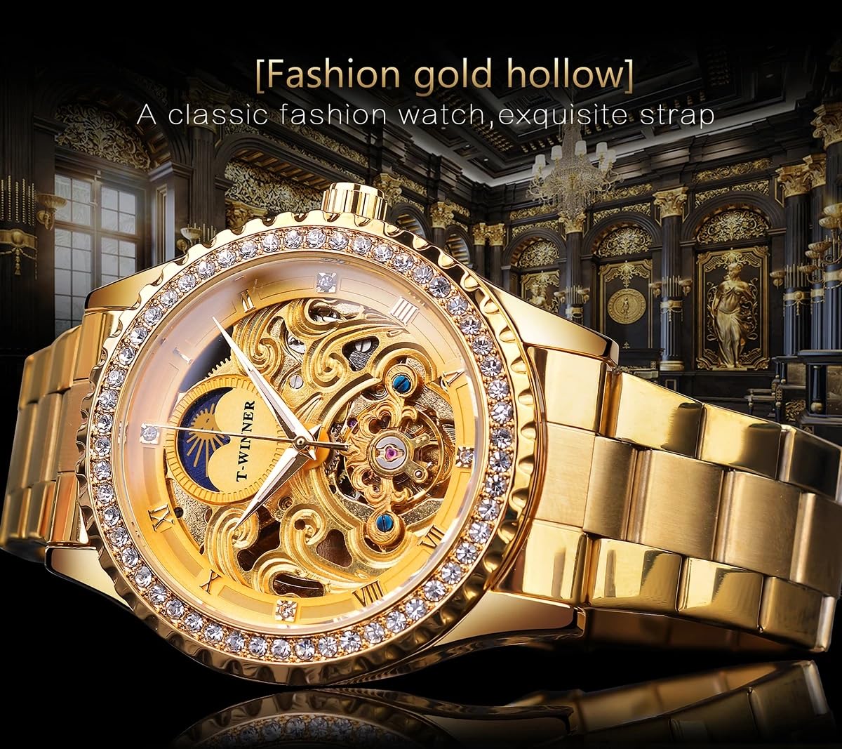 Golden Moon Phase Design Luxus Retro Stil Uhr Diamant Edelstahl Armband Skelett Tourbillon Männer Automatische Mechanische Uhren