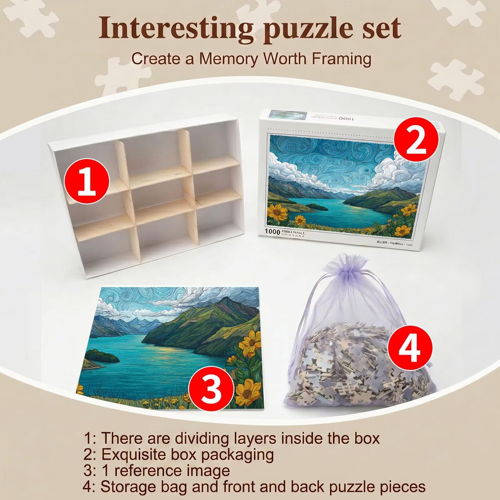 lago paesaggio-3 Puzzle 1000 Pezzi per Adulti, Puzzle in Legno - Collezione Classica con Poster Incluso - Sfida di Concentrazione e Passatempo Antistress, Gioco per Famiglia, 75 x 50 cm f0-299